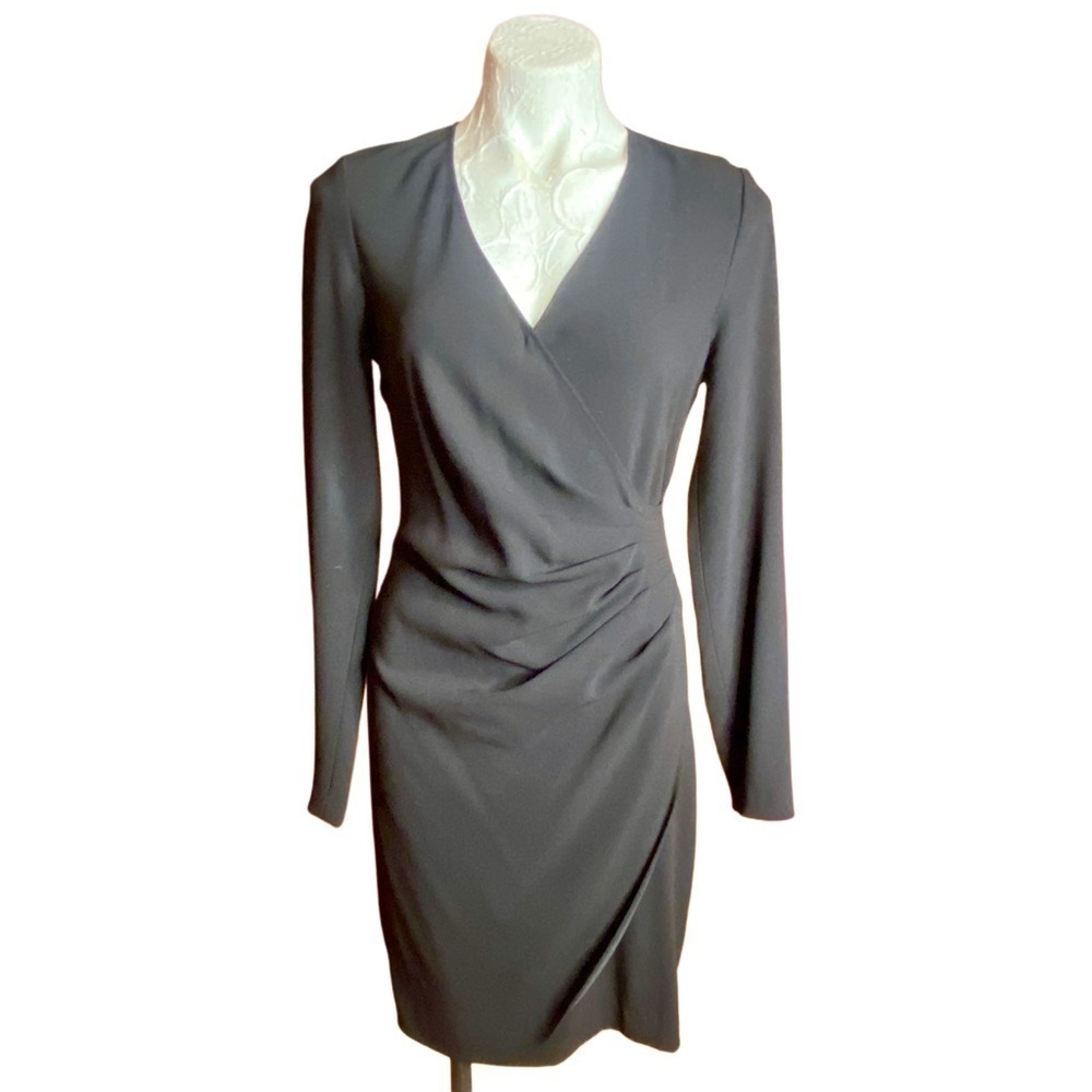 DKNY faux wrap black v-neck midi Dress ruched waist sz 6